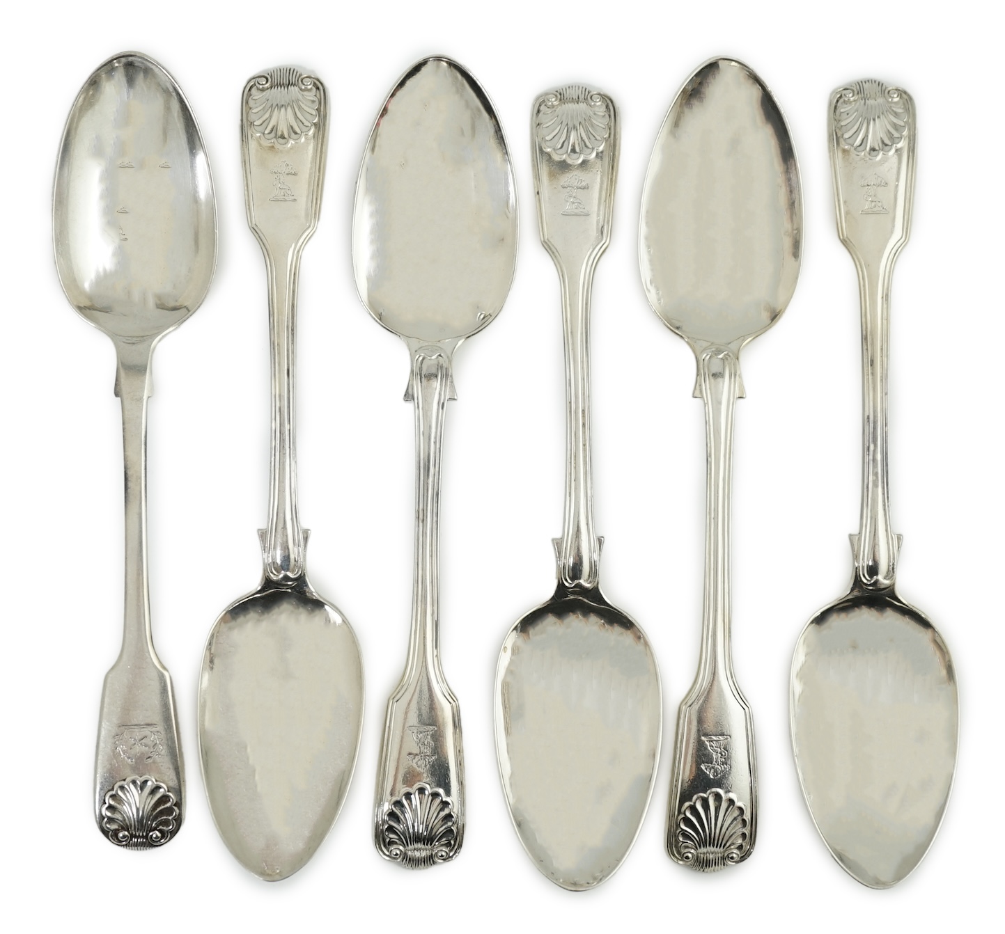 A set of five Victorian silver fiddle, thread and shell pattern table spoons, by Henry John Lias and James Wakely, London, 1879 and a Victorian fiddle and shell pattern table spoon, 1848